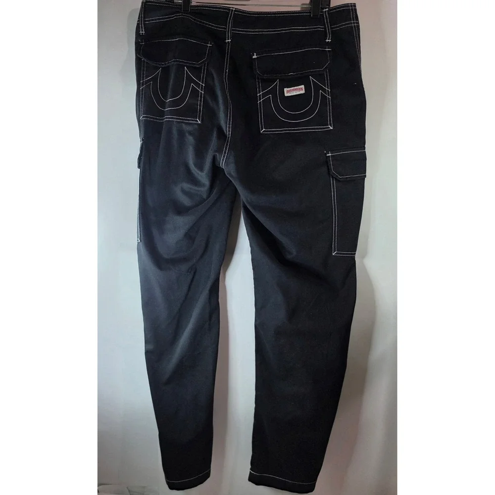True Religion Mens Baggy Cargo Pants Black White Contrast Stitch Size 36 Y2K